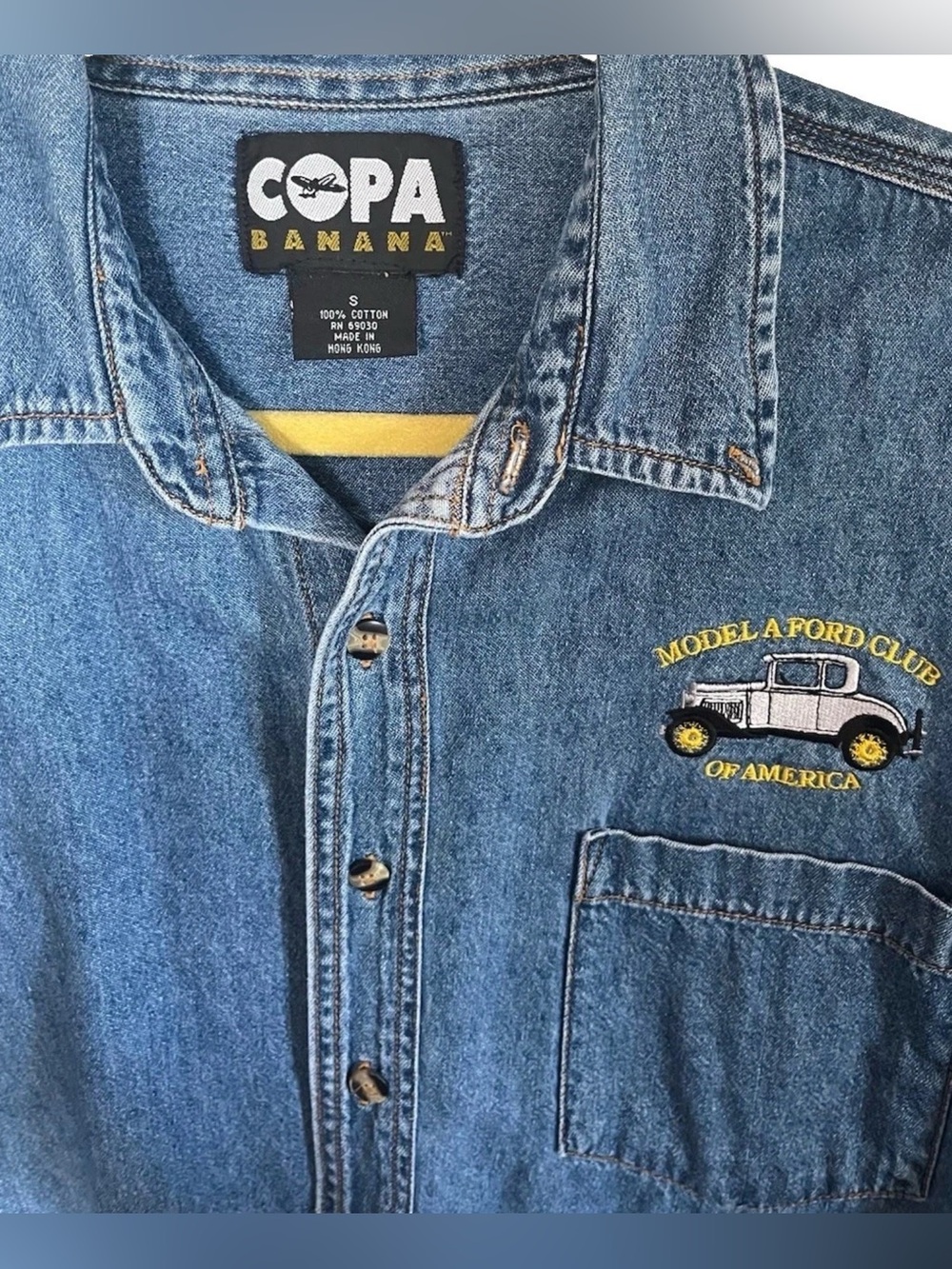 Copa Banana Model A Ford Club Denim Button Down Shirt Embroidered Men’s SMALL